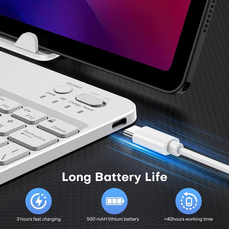 Omoton Bluetooth Keyboard for Tablet/Android/Windows/iOS, with 7 Colors Backlight Rechargeable Wireless Mini Keyboard for Galaxy Tab A9+ / S9 FE / S10 / S11 / A11 Series etc, White - Image 5